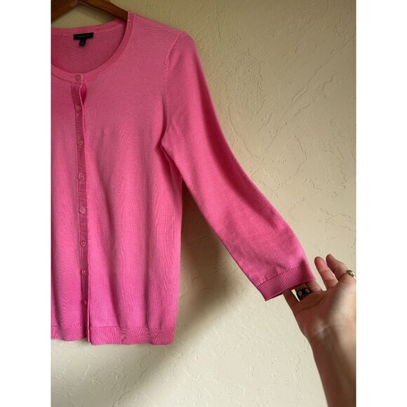 Talbots Size Small Bubblegum Barbie Pink Cotton Blend 3/4 Sleeve Classic Cardiga - Picture 7 of 10